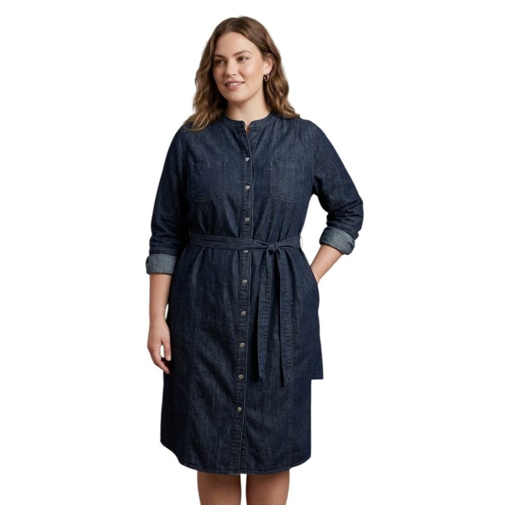 Lands End Dark Wash Denim Long Sleeve Shirt Dress Sze 16 Collarless Button Front